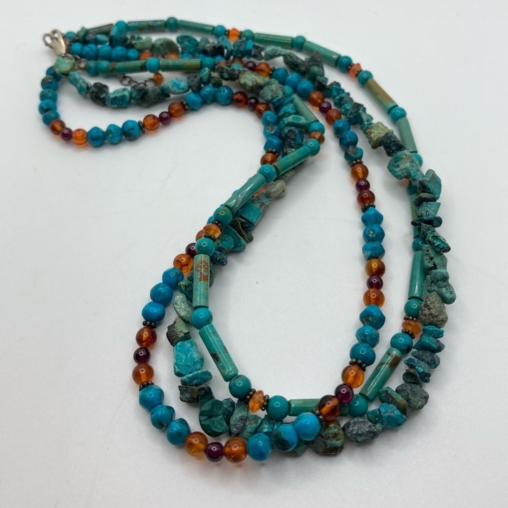 𝅺vtg Sajen 925 Turquoise & Amber Beaded Multi Strand Necklace 16” + 2” Extender
